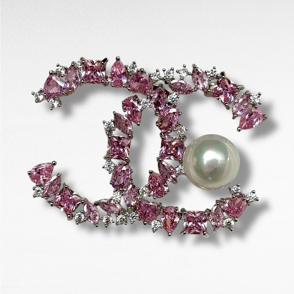 CHANEL Pink Crystal Pearl CC Logo Brooch in Silver Tone